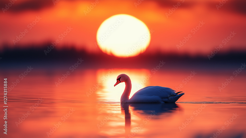 Fototapeta premium Elegant swan gliding on a tranquil lake at sunset for romantic wallpapers, nature blogs, and meditation backgrounds