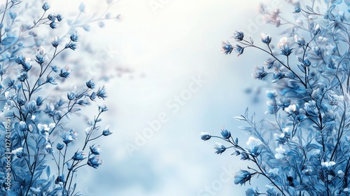 Serene blue floral background with delicate blossoms and soft light creating a tranquil atmosphere