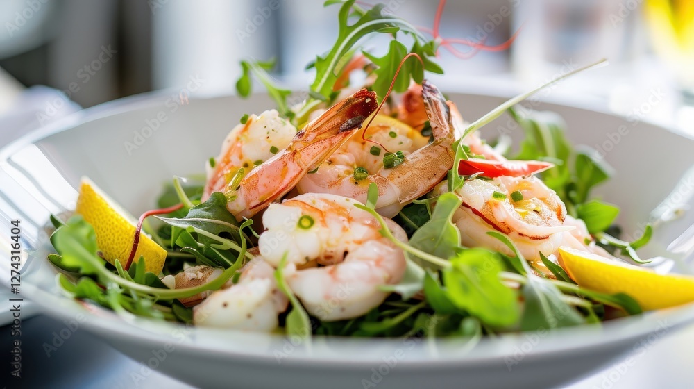 Fresh Seafood Salad with Lemon and Greens in Bright Natural Light Fresh Seafood Salad with Lemon and Greens in Bright Natural Light