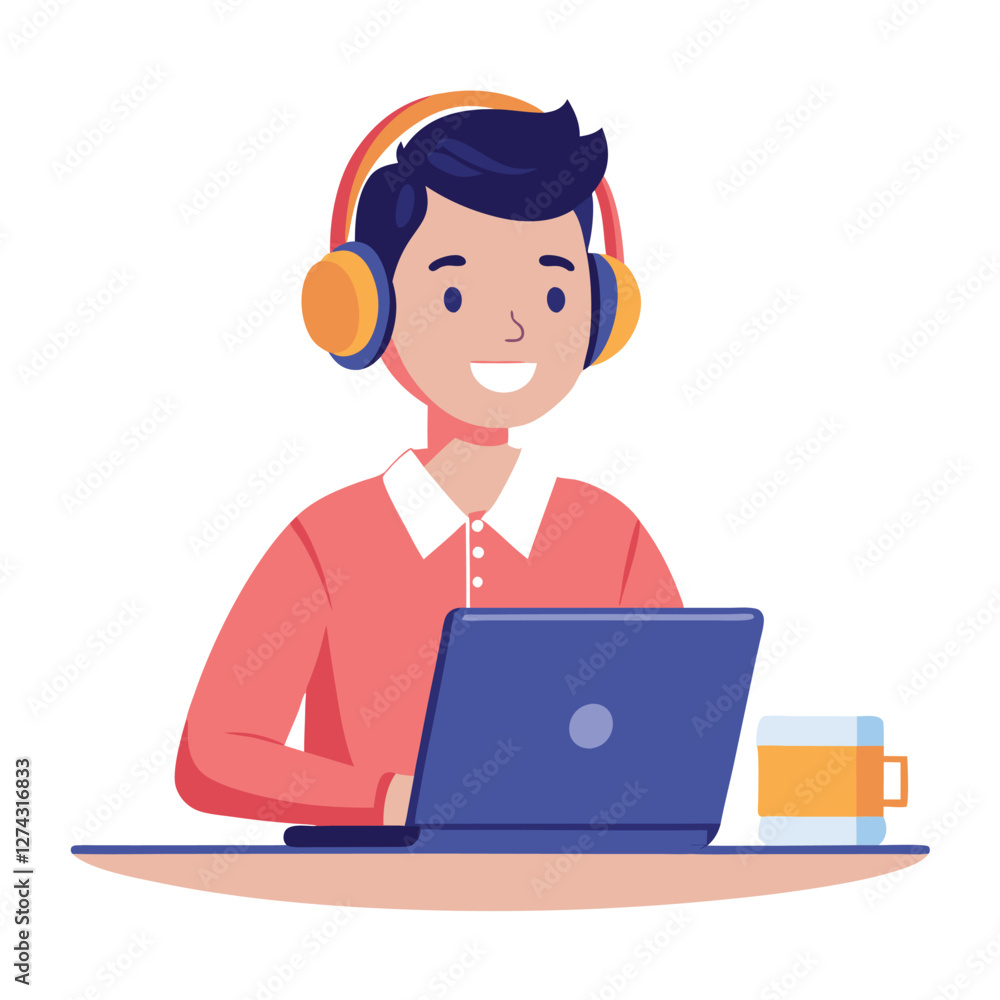 man in headphones, studying at laptop. Happy female student watching business webinar. Video conference call, remote work communication. Flat vector illustration isolated on white background man in headphones, studying at laptop. Happy female student watching business webinar. Video conference call, remote work communication. Flat vector illustration isolated on white background