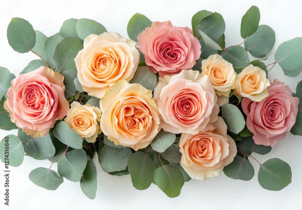 Obraz premium Beautiful arrangement of pink and peach roses surrounded by eucalyptus leaves on a white background, perfect for floral design inspiration