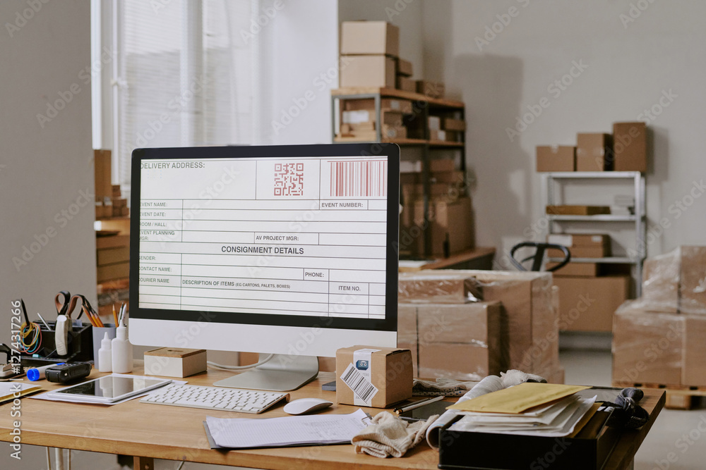 Fototapeta premium Employee working with computer and packaging materials in warehouse, preparing shipments and ensuring orders are packed correctly, office supplies and packages are organized on desk and shelves