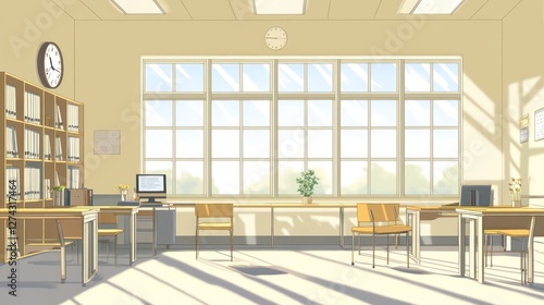 Sunny classroom with desks  computers  and bookshelves