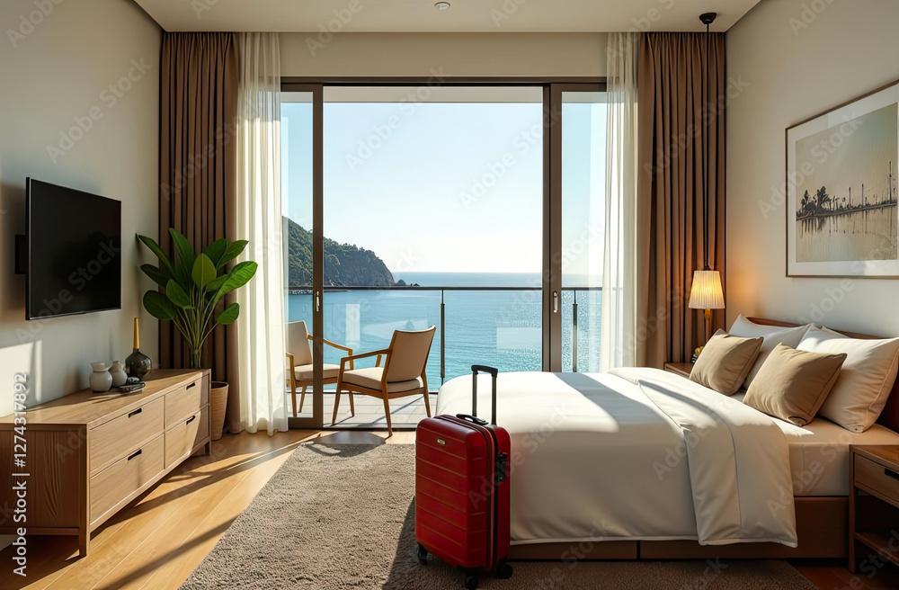 Obraz premium The interior of the hotel room with a view of the ocean for a beach holiday and travel.