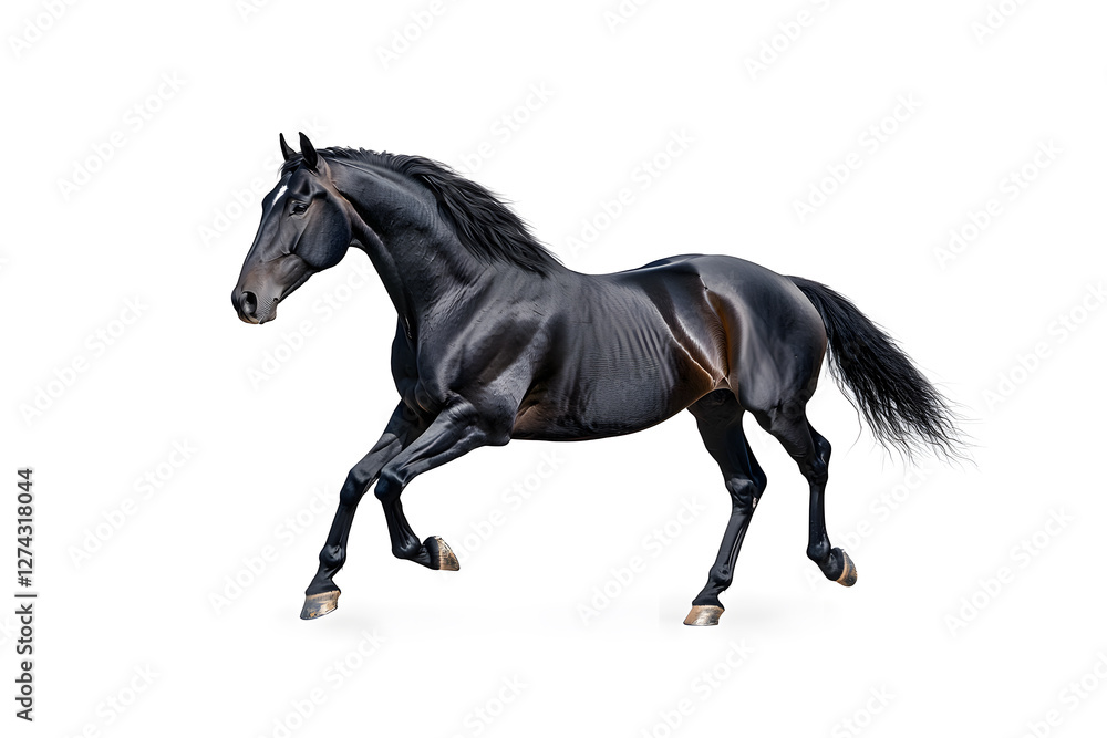 A black horse galloping isolated on white background A black horse galloping isolated on white background