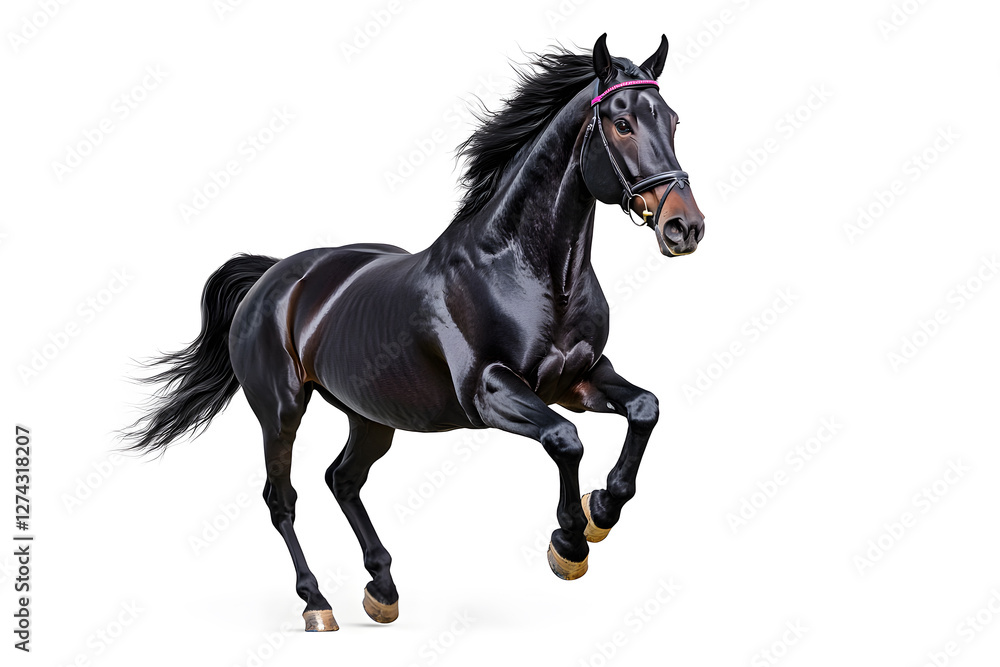 Fototapeta premium A black horse galloping isolated on white background