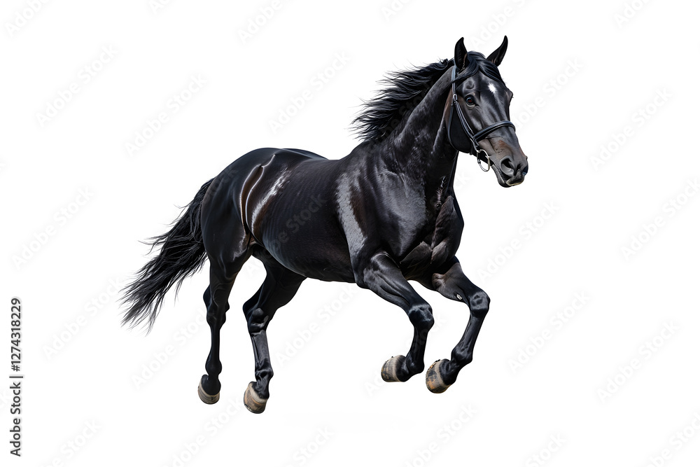 Fototapeta premium A black horse galloping isolated on white background