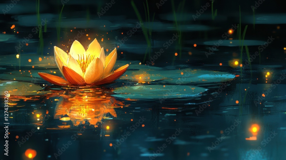 Serene Water Lily Bloom Reflecting in Dark Pond Illuminating Magical Glow Artistic Night Scene Tranquility Serene Water Lily Bloom Reflecting in Dark Pond Illuminating Magical Glow Artistic Night Scene Tranquility