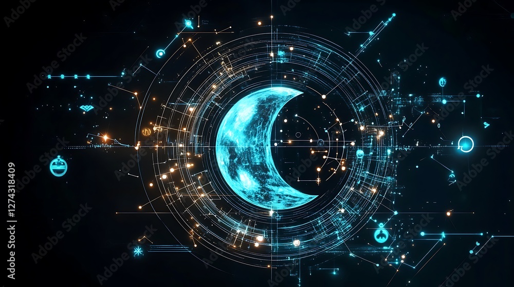 Fototapeta premium Futuristic Abstract Moon with Glowing Circles and Digital Elements in a Sci-Fi Inspired Background