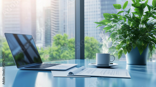 Wallpaper Mural  Modern Office Desk with Blue Glass, Laptop, Coffee, Plant, and City View Torontodigital.ca