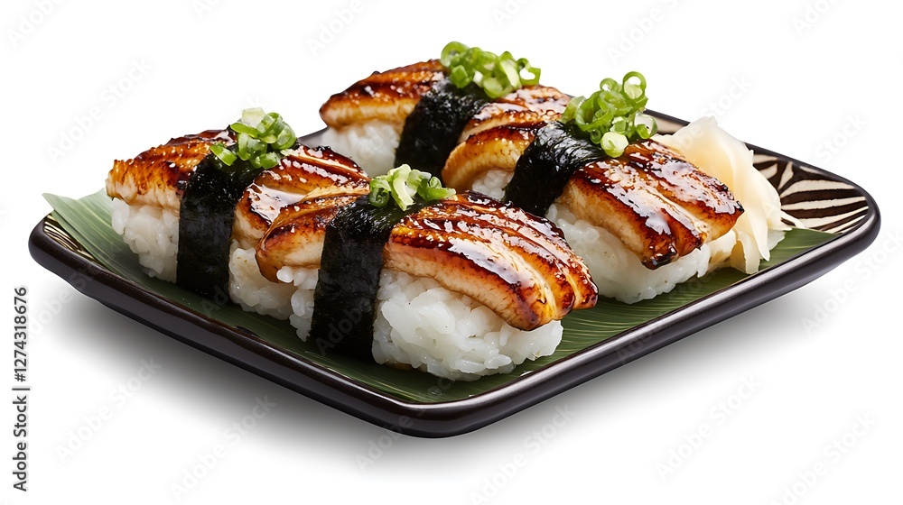 Delicious grilled eel sushi topped with green onions on a black plate with ginger and wasabi garnishes Delicious grilled eel sushi topped with green onions on a black plate with ginger and wasabi garnishes