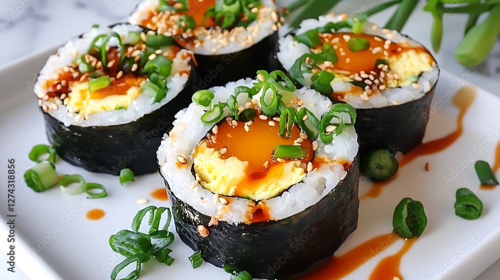 Fresh and Delicious Sushi Rolls with Avocado, Egg, and Garnished with Green Onion and Sesame Seeds Fresh and Delicious Sushi Rolls with Avocado, Egg, and Garnished with Green Onion and Sesame Seeds