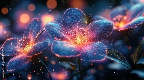 Vibrant glowing flowers with sparkling details in a dreamy background filled with soft bokeh lights