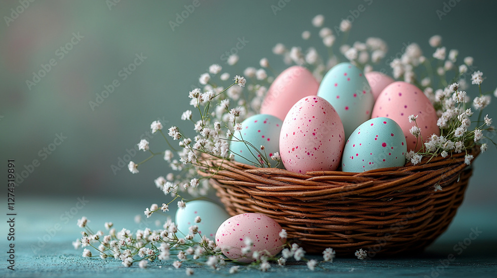 Chicken Easter eggs nest with gypsophiles. An Easter card. Chicken Easter eggs nest with gypsophiles. An Easter card.