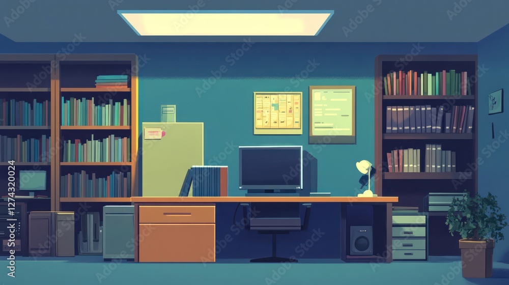 Night office, desk, bookshelves, documents, research Night office, desk, bookshelves, documents, research