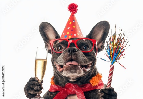 Cheerful French Bulldog Celebrating Birthday with Party Hat, Glass of Champagne and Party Favor, Isolated on White Background for Festive Themes