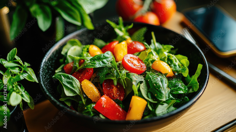Fresh Colorful Salad with Cherry Tomatoes and Green Leaves Fresh Colorful Salad with Cherry Tomatoes and Green Leaves