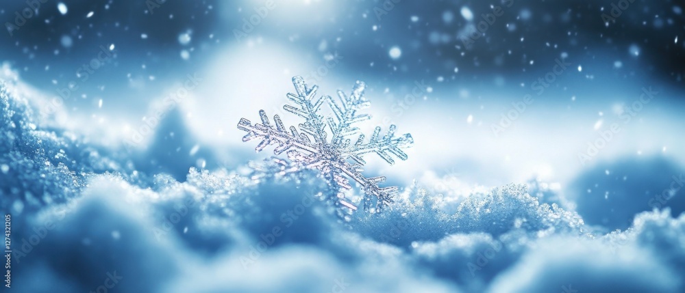 Captivating macro shot of a delicate snowflake resting on a soft bed of snow during a winter snowfall creating a serene and magical atmosphere Captivating macro shot of a delicate snowflake resting on a soft bed of snow during a winter snowfall creating a serene and magical atmosphere