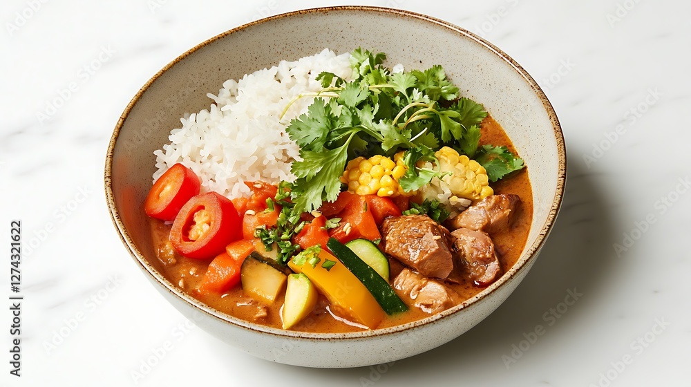 Fresh and Colorful Vegetable and Meat Curry with Rice and Herb Garnish in Elegant Bowl Presentation Fresh and Colorful Vegetable and Meat Curry with Rice and Herb Garnish in Elegant Bowl Presentation