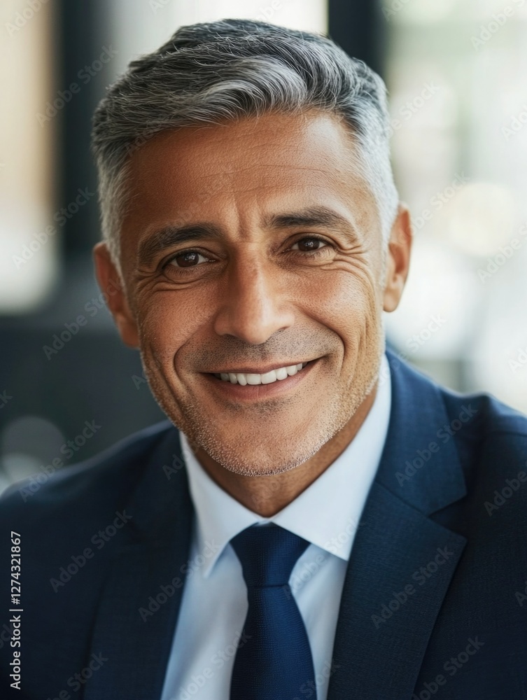 Fototapeta premium A well-dressed man in a professional setting, smiling confidently.