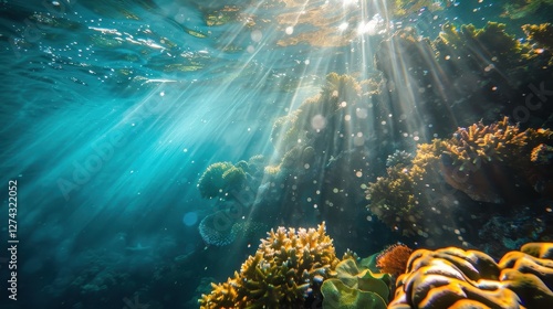 Fototapeta Naklejka Na Ścianę i Meble -  Sun rays illuminating coral reef in underwater sea landscape