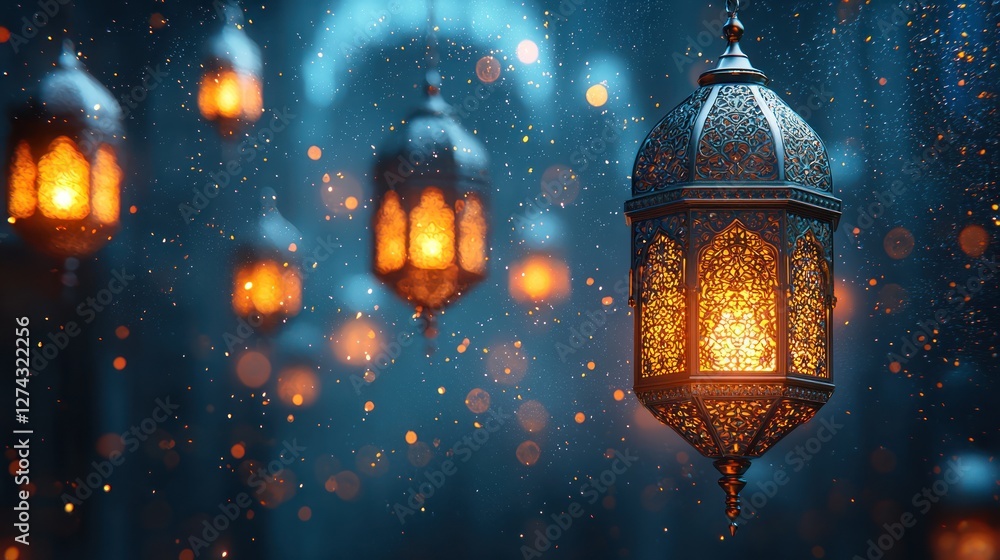 Glowing lanterns hanging in a mystical setting, illuminating a rainy evening with soft bokeh effects