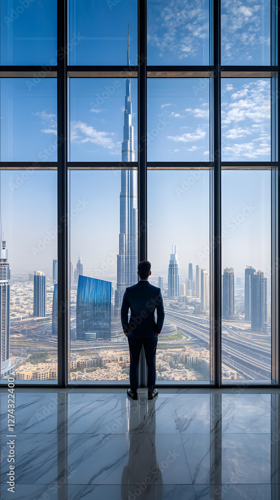 Fototapeta premium A man in a suit standing inside an office with panoramic windows overlooking a cityscape 