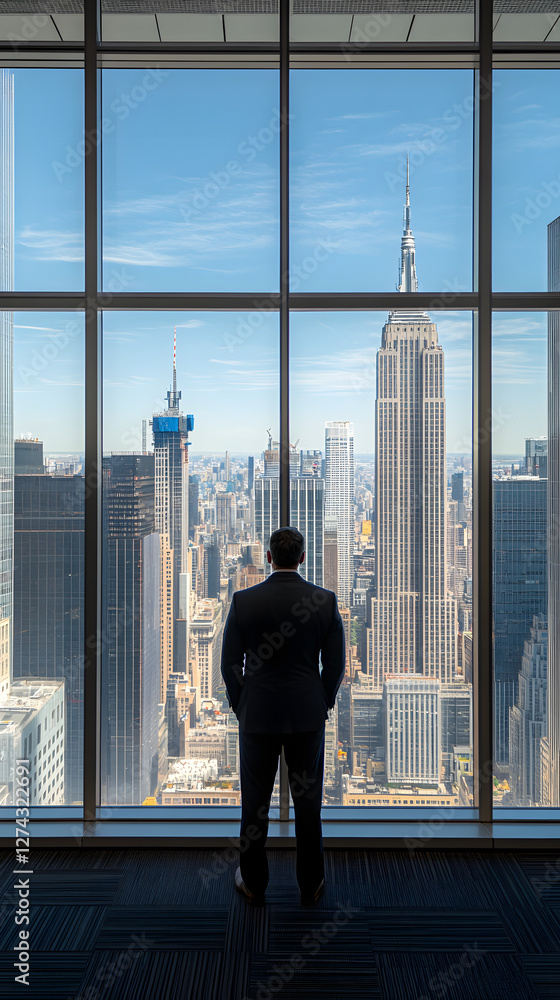 A man in a suit standing inside an office with panoramic windows overlooking a cityscape
A man in a suit standing inside an office with panoramic windows overlooking a cityscape