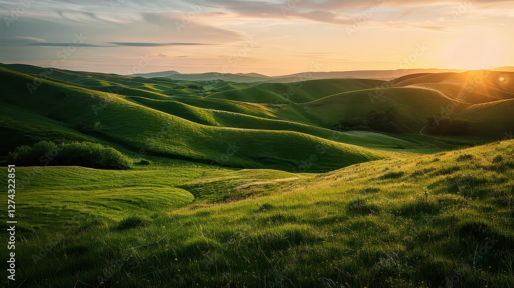 Obraz premium Beautiful sunset casting warm light over lush green hills