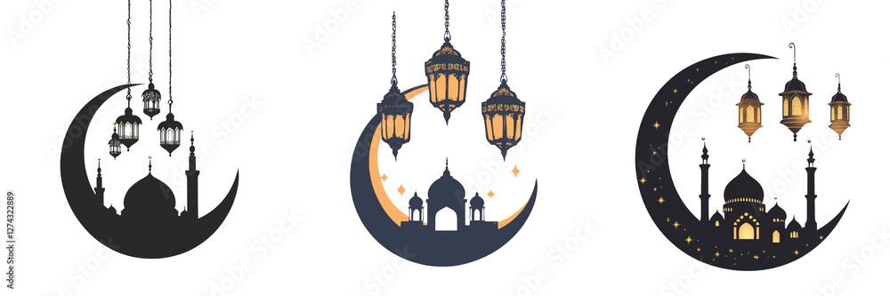 Set of a Crescent moons with lanterns and mosque silhouette, isolated on transparent background. Set of a Crescent moons with lanterns and mosque silhouette, isolated on transparent background.