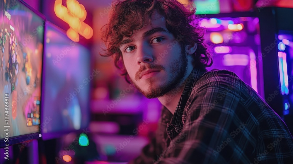Young man focused on gaming in a vibrant, neon-lit room filled with colorful screens and equipment Young man focused on gaming in a vibrant, neon-lit room filled with colorful screens and equipment