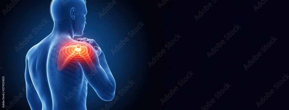 Naklejka premium 3D Illustration of shoulder joint pain with copy space banner background.