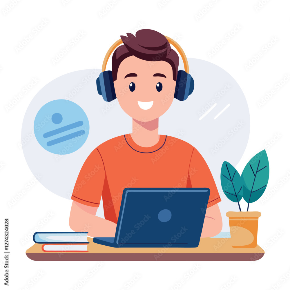 man in headphones, studying at laptop. Happy female student watching business webinar. Video conference call, remote work communication. Flat vector illustration isolated on white background man in headphones, studying at laptop. Happy female student watching business webinar. Video conference call, remote work communication. Flat vector illustration isolated on white background