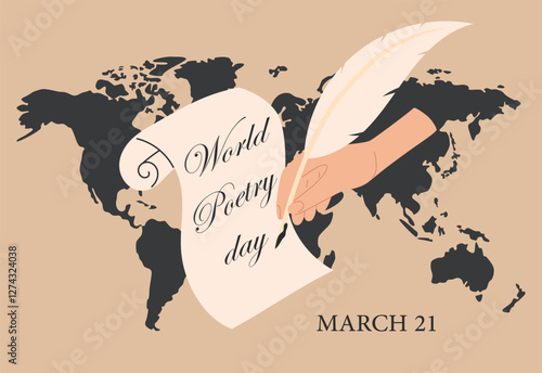 World Poetry Day. Celebrated on March 21st. Feather, manuscript and ink. Suitable for social media, greeting card, poster, banner. Vector illustration