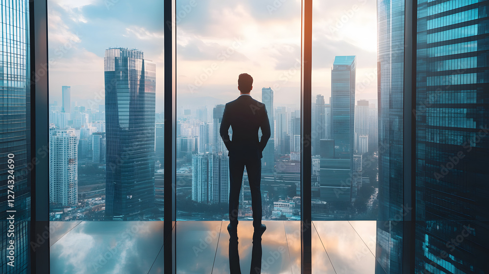 A man in a suit standing inside an office with panoramic windows overlooking a cityscape
A man in a suit standing inside an office with panoramic windows overlooking a cityscape