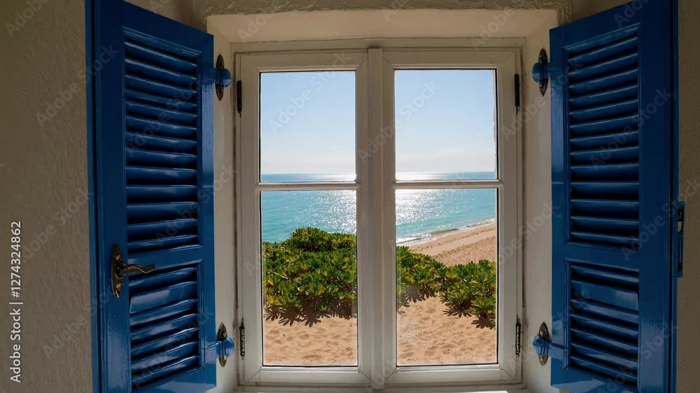 A stunning view of a turquoise sea and sandy beach through an open window with blue shutters, creating a dreamy vacation scene. Concept of relaxation and escape A stunning view of a turquoise sea and sandy beach through an open window with blue shutters, creating a dreamy vacation scene. Concept of relaxation and escape