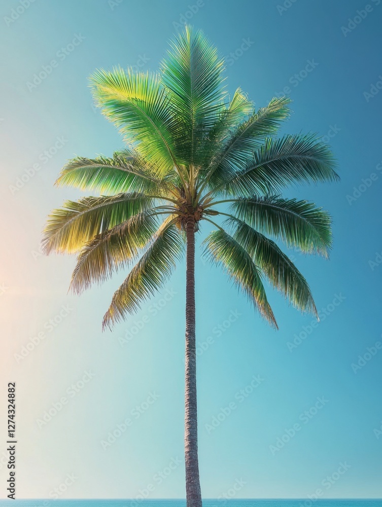 Obraz premium Serene tropical scene of a tall palm tree against a clear blue sky creating a tranquil vacation vibe and a sense of freedom and escape capturing the essence of paradise