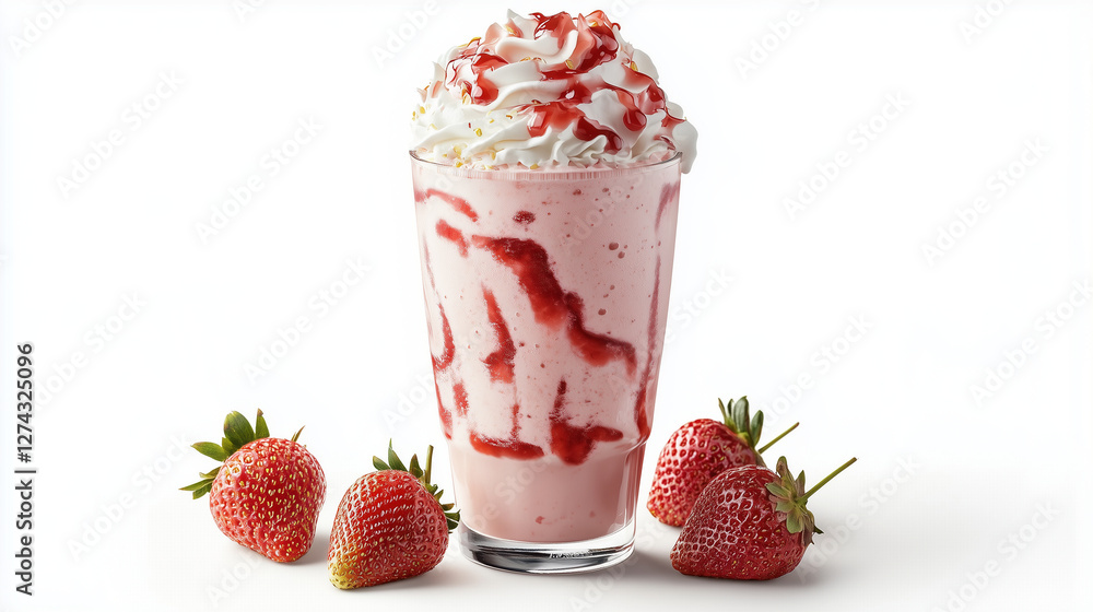 Strawberry ice cream with cream and fresh berries in a glass, topped with milkshake and yogurt, perfect for a cold summer dessert Strawberry ice cream with cream and fresh berries in a glass, topped with milkshake and yogurt, perfect for a cold summer dessert