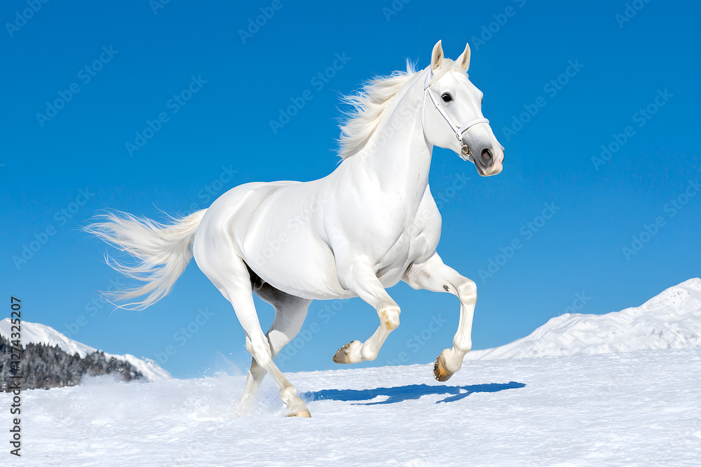 Fototapeta premium White horse galloping isolated on white background