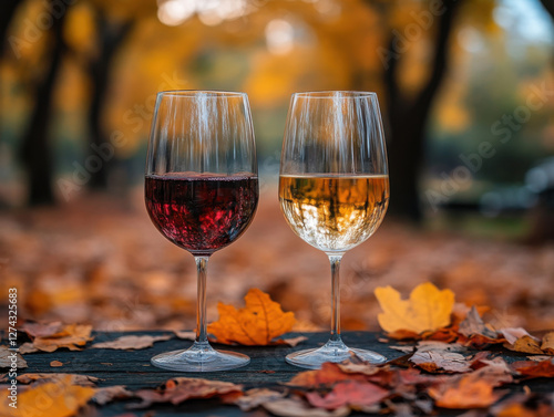Elegant wine glasses with red and white wine amidst autumn leaves