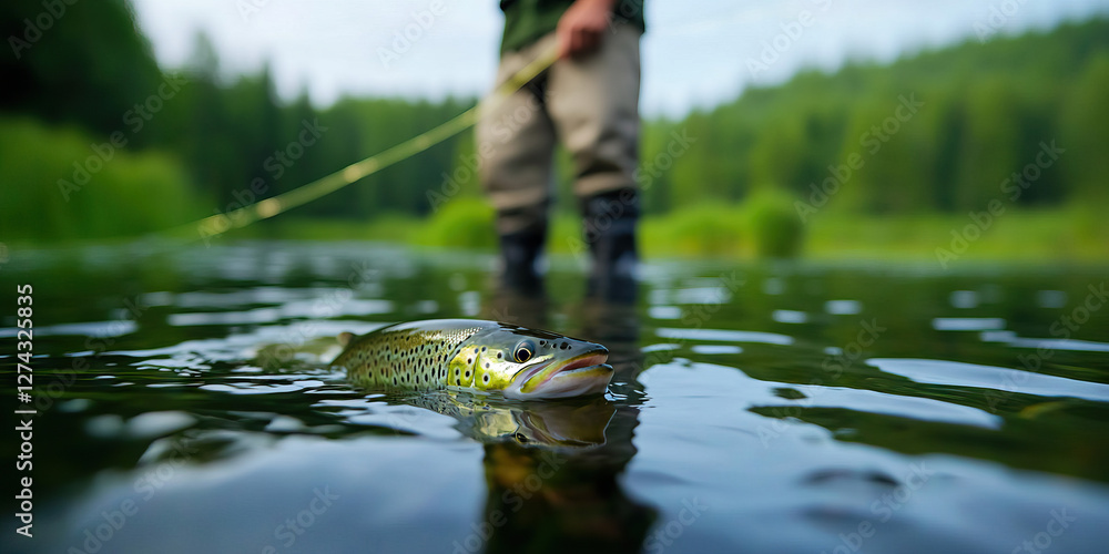 Fototapeta premium Brown Trout in River with Fly Fisherman