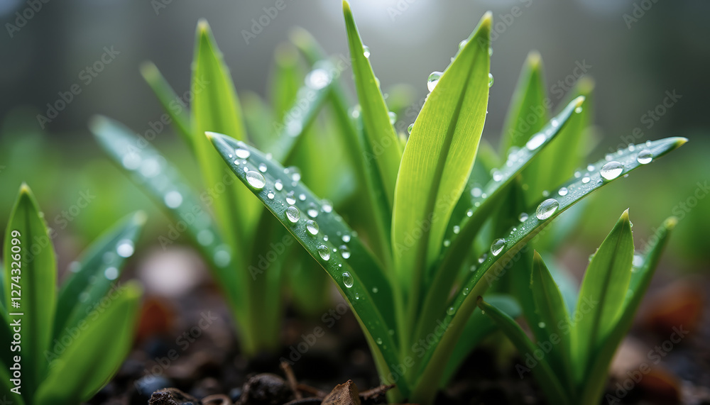 Obraz premium Raindrops on young green leaves in gentle overcast light during early spring awakening nature
