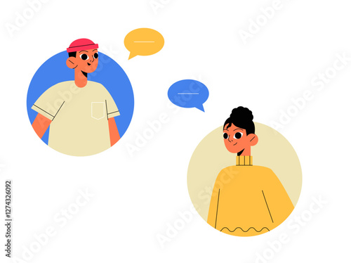 Virtual Conversation Between Two Young People In Flat Vector Illustration Symbolizing Online Communication, Chatting, And Digital Interaction, Isolated On White Background.