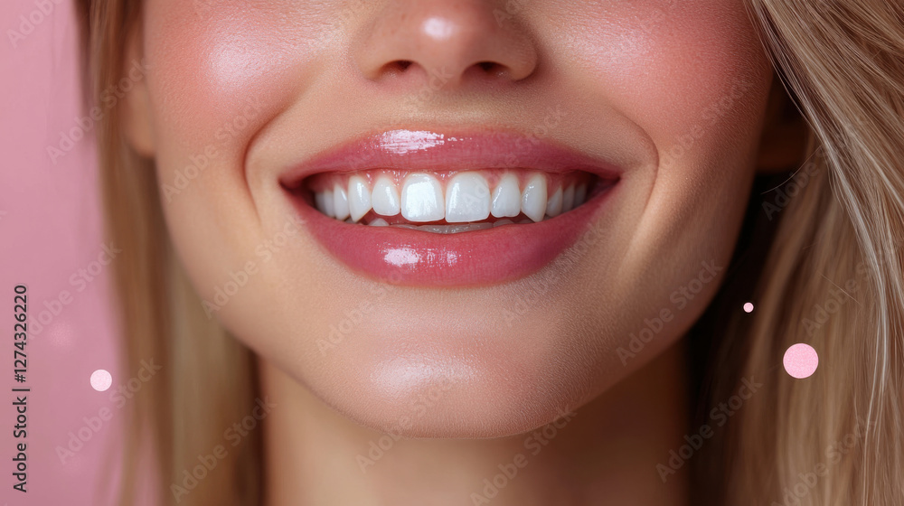 Obraz premium woman smiling with healthy teeth and glossy lips, radiating joy