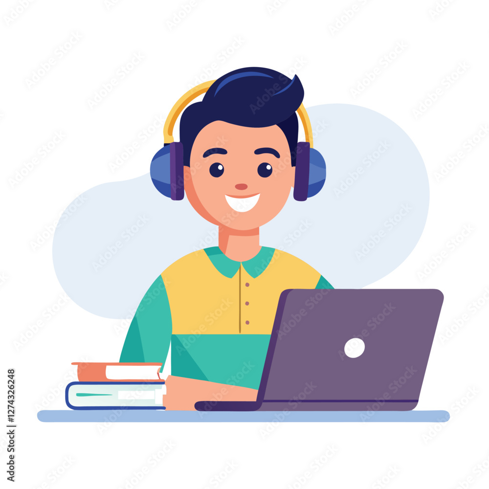 man in headphones, studying at laptop. Happy female student watching business webinar. Video conference call, remote work communication. Flat vector illustration isolated on white background man in headphones, studying at laptop. Happy female student watching business webinar. Video conference call, remote work communication. Flat vector illustration isolated on white background