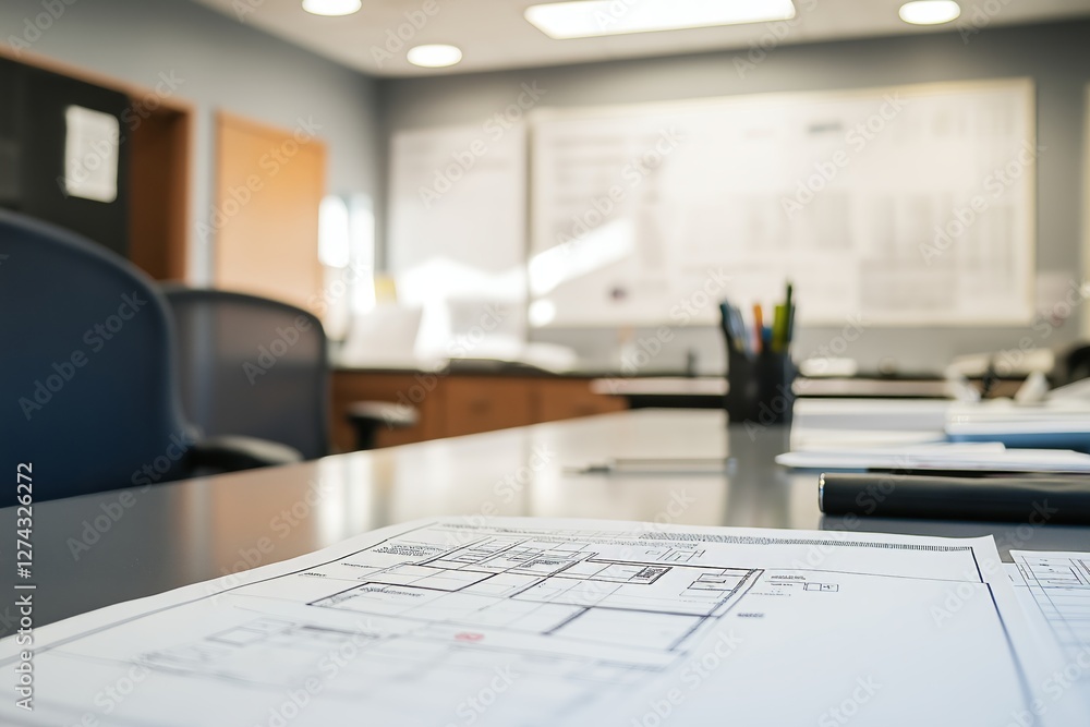 Office setting with drafts and plans highlighting building regulation compliance check, part of building permit process. Concept emphasizes importance of building regulation compliance check Office setting with drafts and plans highlighting building regulation compliance check, part of building permit process. Concept emphasizes importance of building regulation compliance check