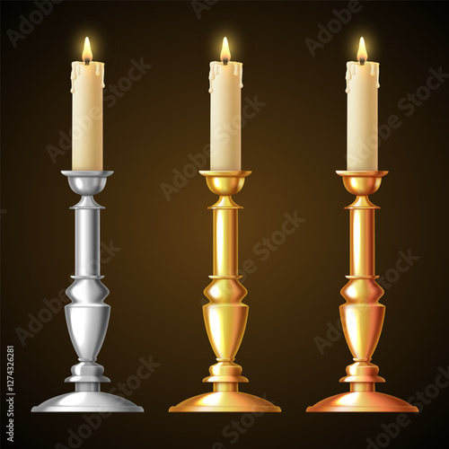 Candlestick for one candle. Gold, silver and bronze candlesticks. Vector 3D clipart.