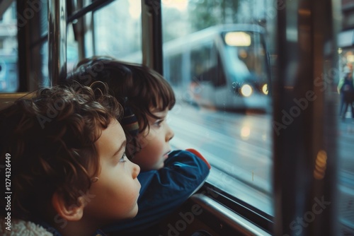 Two children fascinated by city views from tram window, filled with amazement and curiosity.