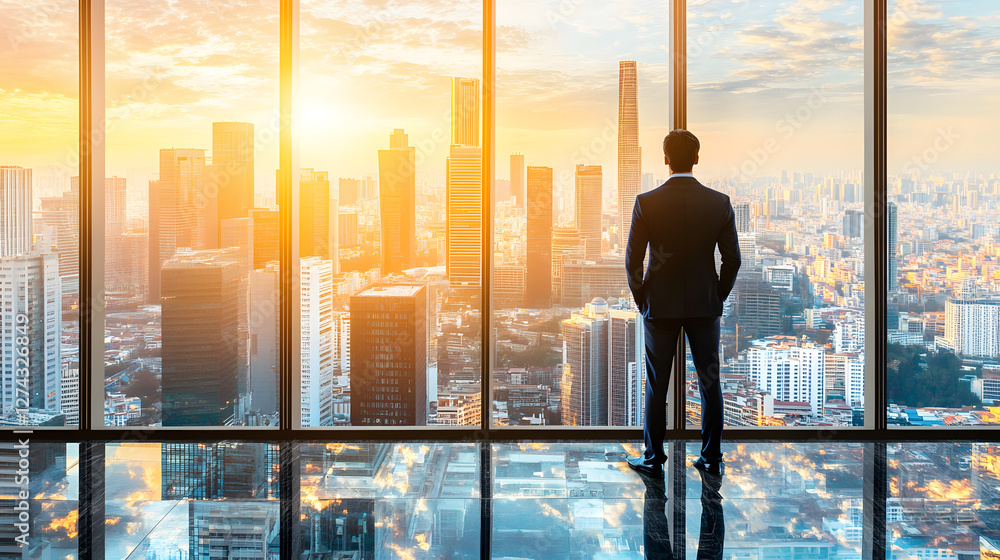 A man in a suit standing inside an office with panoramic windows overlooking a cityscape
A man in a suit standing inside an office with panoramic windows overlooking a cityscape