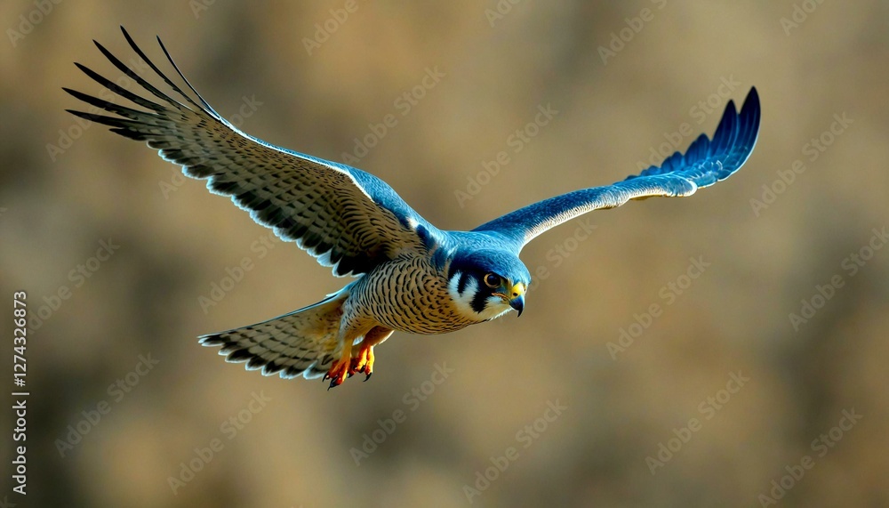 Fototapeta premium Eagle in flight with spread wings, blue and brown